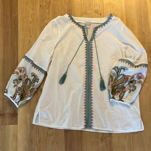 Chico's White and Teal Embroidered Tunic